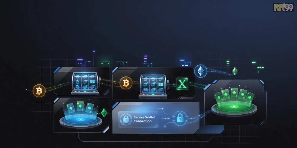 Hình minh họa khái niệm crypto casino rr99 với giao diện cá cược hiện đại và biểu tượng tiền điện tử.
