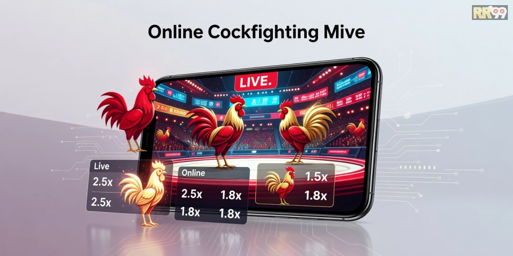 Minh họa khái niệm đá gà online rr99 với giao diện cá cược hiện đại và biểu tượng gà chọi.