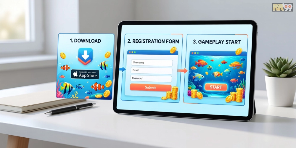 Hình hướng dẫn từng bước đăng ký và tải game bắn cá online rr99 đơn giản cho người mới