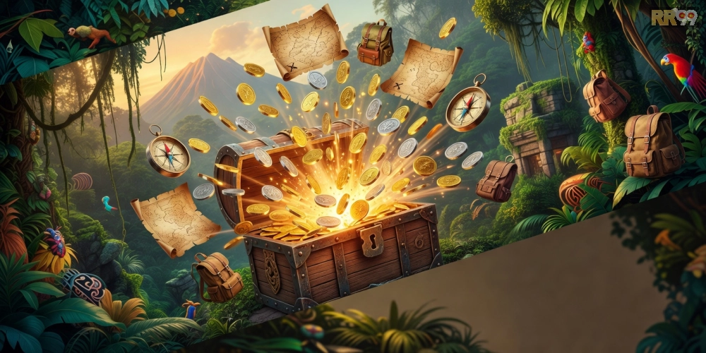 Hình ảnh game nổ hũ phiêu lưu với biểu tượng kho báu và jackpot lớn trên nền tảng rr99