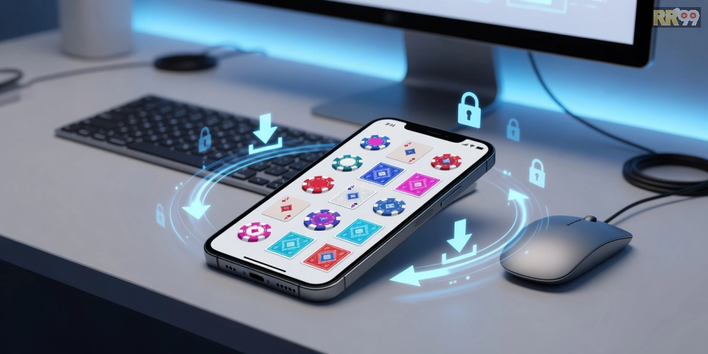 Minh họa khái niệm tải game bài rr99 với giao diện ứng dụng hiện đại và các trò chơi phổ biến