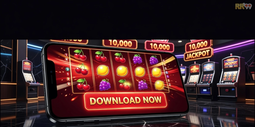Hình minh họa giao diện tải game nổ hũ rr99 với biểu tượng jackpot sáng rực