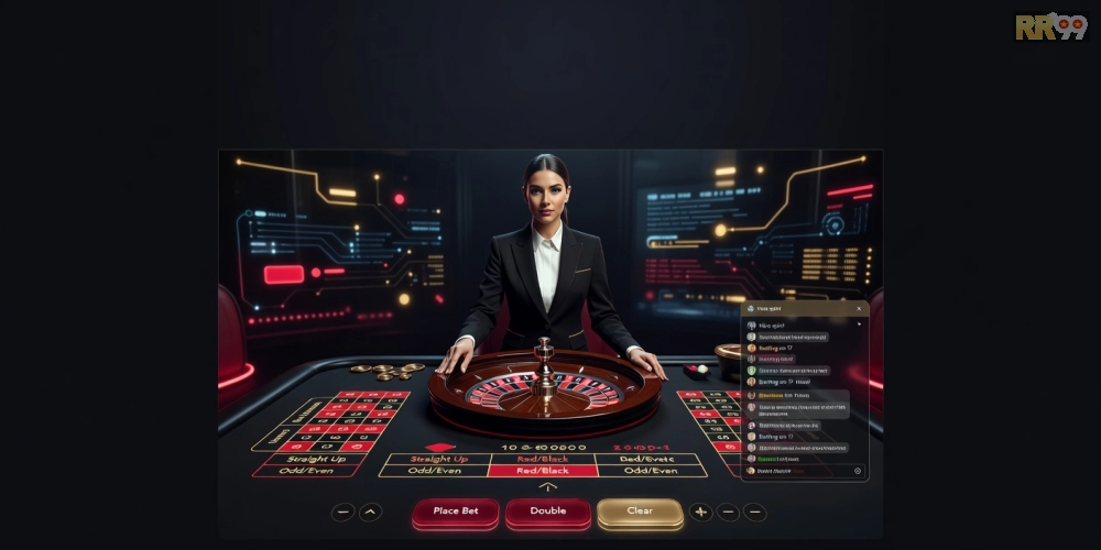 Minh họa khái niệm trực tiếp casino rr99 với giao diện hiện đại và dealer chuyên nghiệp